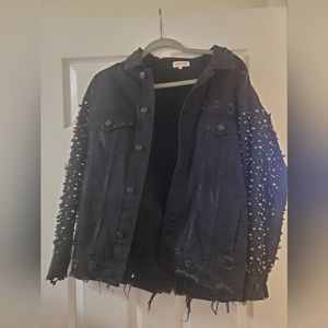Sunset + Spring embellished pearl black denim jacket, size small (oversized fit)
